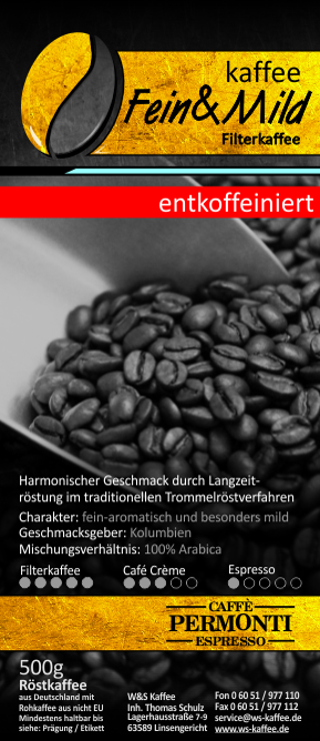W&S Permonti Kaffee Fein & Mild Entkoffeiniert-Kaffee-Permonti-500g-Bohnen-Beutelschmidt