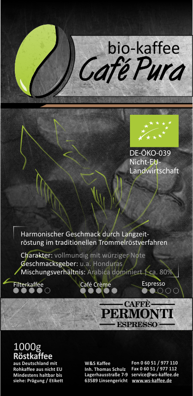 W&S Permonti Bio Kaffee Cafe Pura-Kaffee-Permonti-1kg-Bohnen-Beutelschmidt