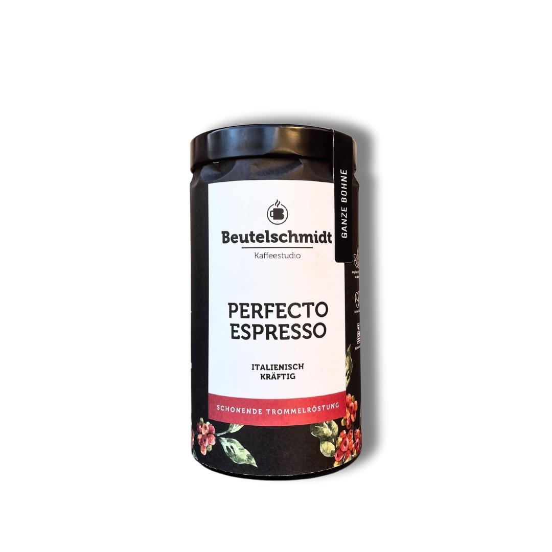 Perfecto Espresso Kaffebohnen der Eigenmarke Beutelschmidt in einer Dose verpackt 