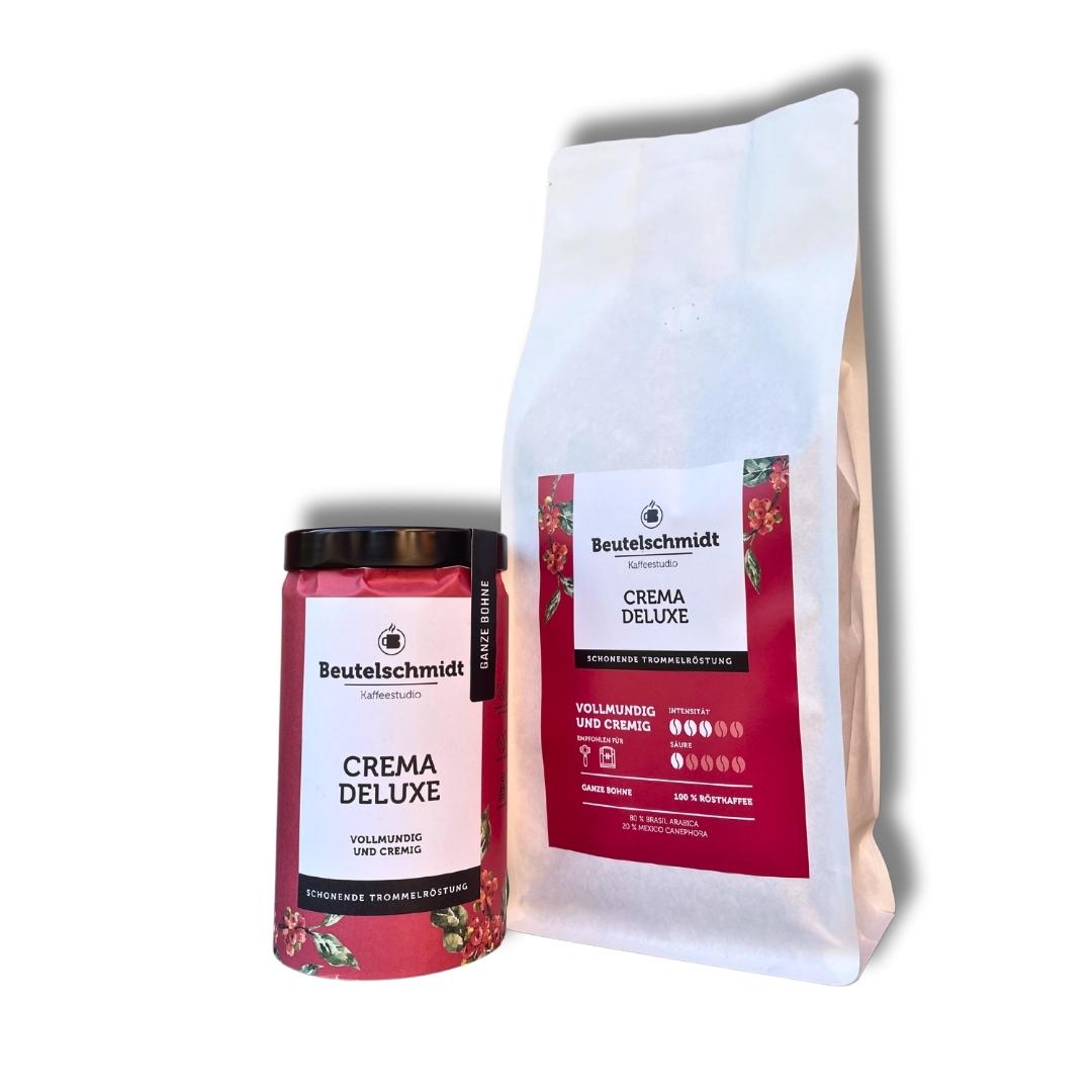 Crema Deluxe Kaffebohnen der Eigenmarke Beutelschmidt in verschiedenen Verpackungen 