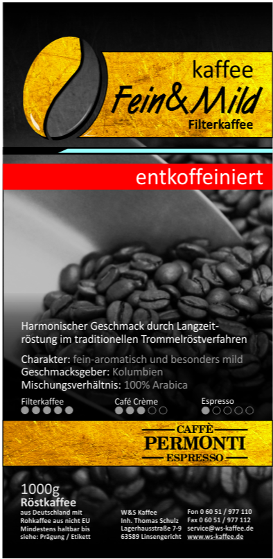 W&S Permonti Kaffee Fein & Mild Entkoffeiniert-Kaffee-Permonti-1kg-Bohnen-Beutelschmidt